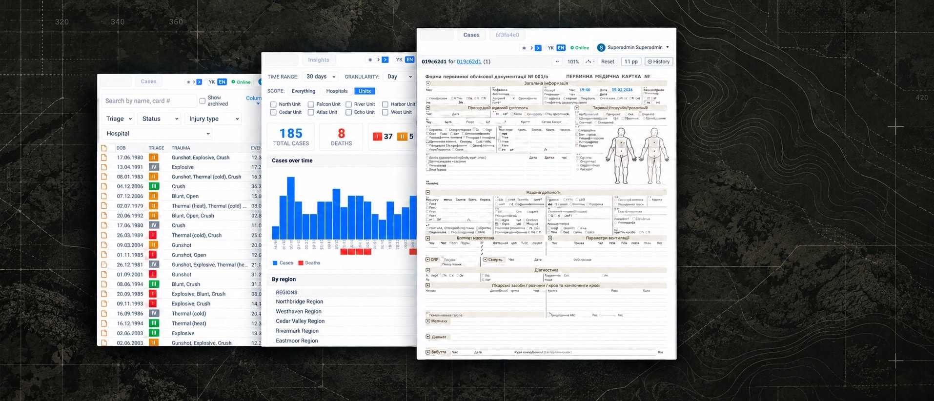 Nightjar screens showing a casualty list, case statistics and a digital casualty record form.